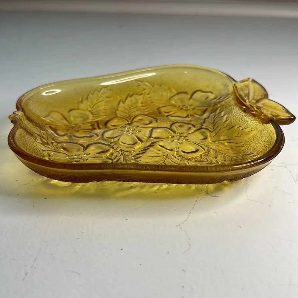 Amber Apple Shape Texture dish Early American Press Glass Hazel Atlas 1970